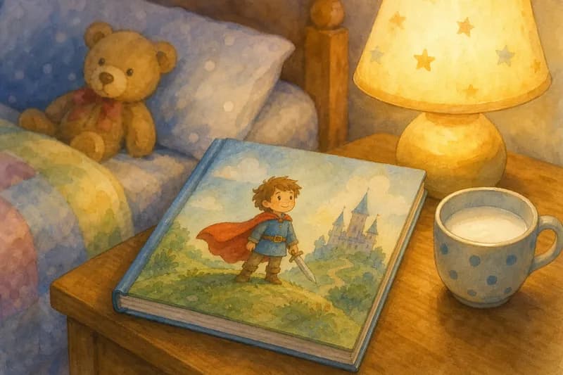 Напечатанная детская книжка на прикроватной тумбочке у ночника
